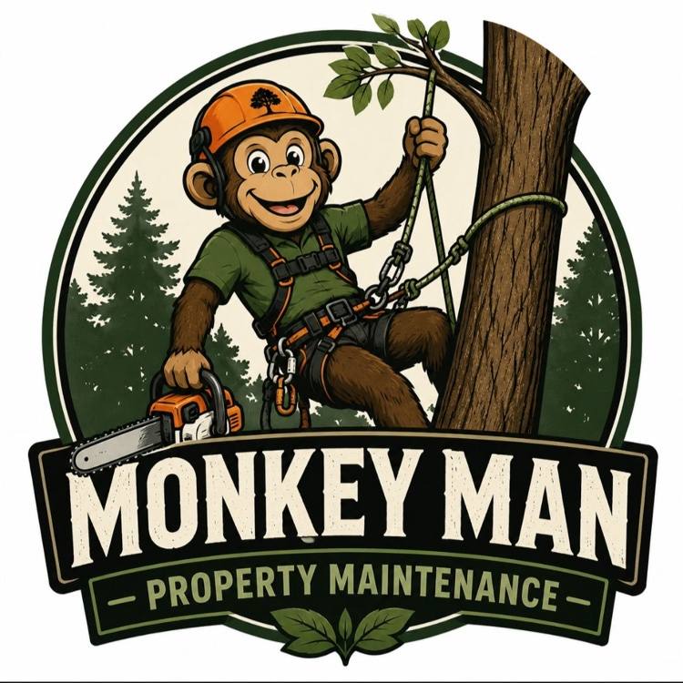 Monkey Man Property Maintenance logo featuring an arborist monkey beside a tree